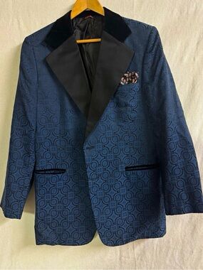 Vintage 60s After Six Blue Jacquard Brocade Tuxedo Dinner Jacket 40 R